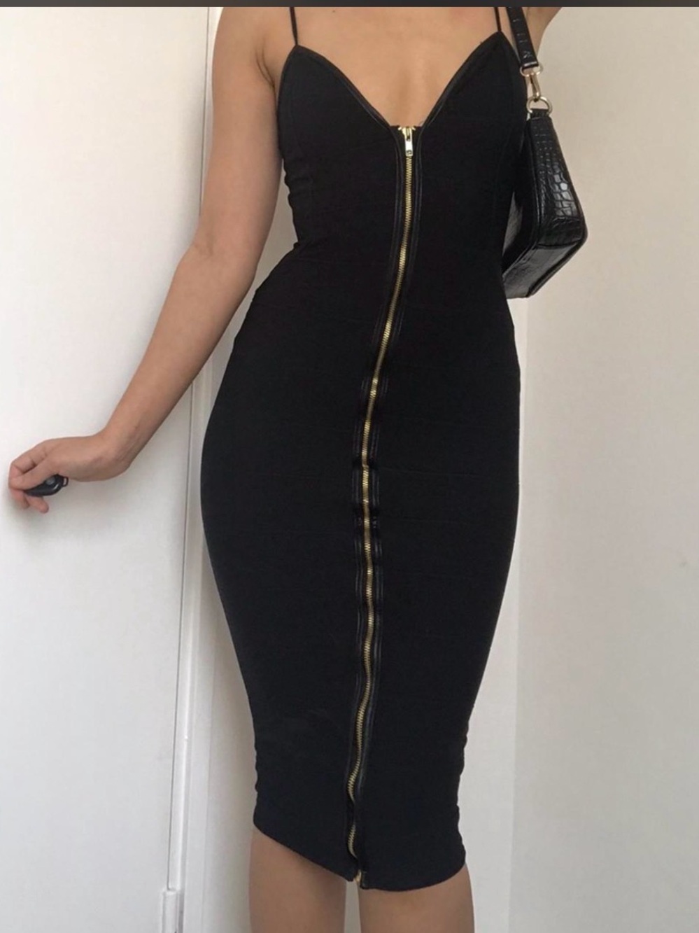Boohoo Black Midi Bodycon Dress with Gold Zip - Picture 7 of 11
